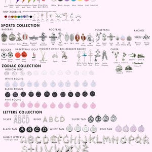 K&ouml;nnte beinhalten: Ein umfassender Katalog von Metallanh&auml;ngern, unterteilt in Kategorien wie Akzente, Sport, Sternzeichen und Buchstaben. Die Sammlung umfasst verschiedene Formen wie Blitze, Smileys, Sportausr&uuml;stung, Sternzeichen und Buchstaben in Silber, Schwarz, Wei&szlig; und Pink.
