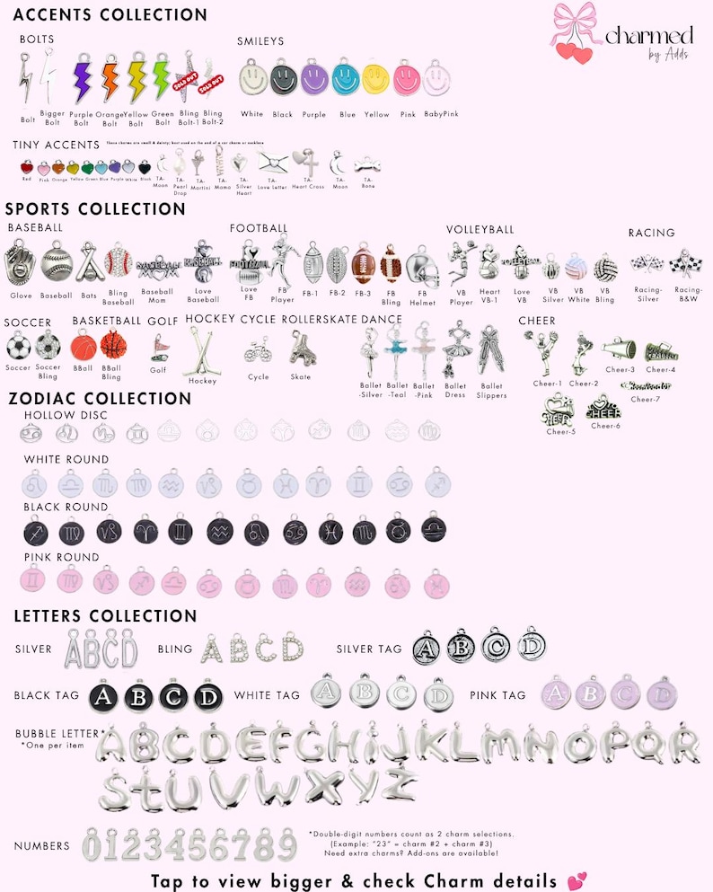 K&ouml;nnte beinhalten: Ein umfassender Katalog von Metallanh&auml;ngern, unterteilt in Kategorien wie Akzente, Sport, Sternzeichen und Buchstaben. Die Sammlung umfasst verschiedene Formen wie Blitze, Smileys, Sportausr&uuml;stung, Sternzeichen und Buchstaben in Silber, Schwarz, Wei&szlig; und Pink.