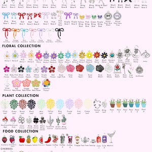 K&ouml;nnte beinhalten: Eine Sammlung von Metallanh&auml;ngern, unterteilt in Kategorien wie Schleifen, Blumen, Pflanzen und Lebensmittel. Die Artikel weisen verschiedene Farben, Formen und Oberfl&auml;chen auf, wobei jedes St&uuml;ck mit einer entsprechenden Beschriftung versehen ist.