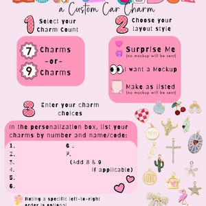 K&ouml;nnte beinhalten: Eine Anleitungsgrafik mit dem Titel How to Order a Custom Car Charm mit rosa Feldern, die drei Schritte zur Auswahl der Anzahl der Anh&auml;nger, des Layout-Stils und der Auswahlm&ouml;glichkeiten beschreiben. Verschiedene kleine Anh&auml;nger sind abgebildet.