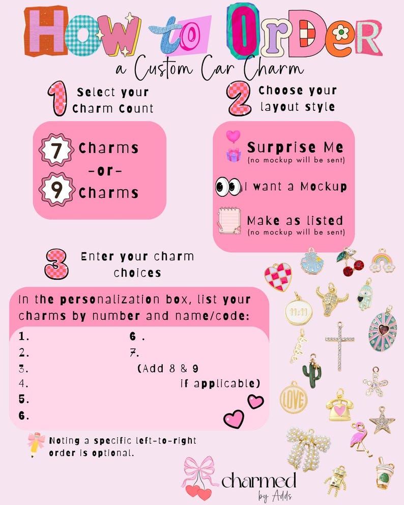 K&ouml;nnte beinhalten: Eine Anleitungsgrafik mit dem Titel How to Order a Custom Car Charm mit rosa Feldern, die drei Schritte zur Auswahl der Anzahl der Anh&auml;nger, des Layout-Stils und der Auswahlm&ouml;glichkeiten beschreiben. Verschiedene kleine Anh&auml;nger sind abgebildet.