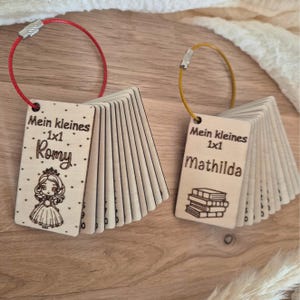 May include: Two sets of rectangular wooden tags held together by metal rings. One set has a red ring and features a laser-engraved illustration of a girl and the text Mein kleines 1x1 Romy. The other has a yellow ring and a stack of books with the text Mein kleines 1x1 Mathilda.