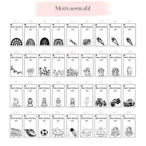 May include: A grid of rectangular tags labeled Motivauswahl, each featuring a small black icon and the text Mein kleines 1x1. Icons include rainbows, pencils, books, flowers, unicorns, vehicles, sports balls, space themes, and mermaids.