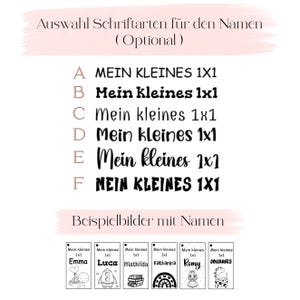 May include: A chart displaying six font options labeled A through F, each showing the text Mein kleines 1x1. Below, six rectangular tags feature the same text alongside various names and black line art illustrations including a balloon, rocket, books, rainbow, doll, and dinosaur.