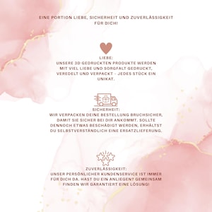May include: A light pink and white watercolour background with gold accents featuring text in German. The text includes sections titled LIEBE, SICHERHEIT, and ZUVERL&Auml;SSIGKEIT, accompanied by icons of a heart, a delivery truck, and three stars.