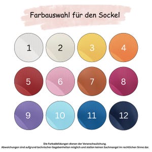 May include: A colour chart titled Farbauswahl f&uuml;r den Sockel featuring twelve numbered circles in various shades including white, cream, yellow, orange, red, pink, brown, magenta, purple, light blue, dark blue, and navy blue with text at the bottom.