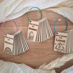 May include: Three sets of wooden multiplication flashcards on metal rings. Each set features a name, the text Mein kleines 1x1, and a graphic: a rainbow for Katharina, a dinosaur for Johannes, and a rocket ship for Luca. The cards are light wood.