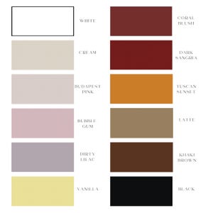May include: A color chart featuring twelve rectangular swatches arranged in two columns. The colors are labeled White, Cream, Budapest Pink, Bubblegum, Dirty Lilac, Vanilla, Coral Blush, Dark Sangria, Tuscan Sunset, Latte, Khaki Brown, and Black.