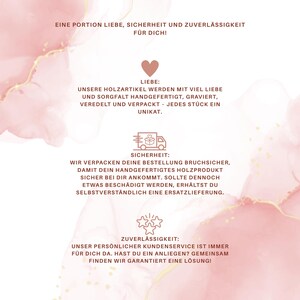 May include: A light pink and white watercolor background with dark pink text in German. The text outlines business policies regarding love, safety, and reliability, featuring icons of a heart, a delivery truck, and three stars.