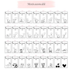 May include: A rectangular grid of 36 white labels, each featuring a black line drawing of an animal or symbol, the text "Mein kleines 1x1", and a numbered header from 37 to 72. The designs include various creatures like elephants, whales, and dinosaurs.