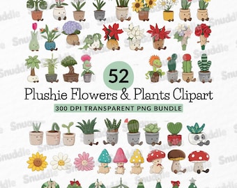 50+ Plushie Plants & Flowers Clipart Set: Botanical, Transparent Background, Stickers, Scrapbooking, DIY