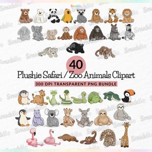 Puede incluir: Una colección de 40 ilustraciones de animales de safari y zoológico de peluche. La imagen presenta una variedad de animales, incluyendo un oso, un panda, un tigre, un león, una cebra y más. El texto dice "Plushie Safari/Zoo Animals Clipart".