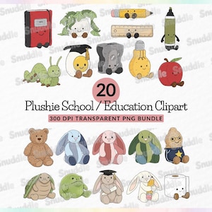Op de afbeelding: Een verzameling van 20 pluche school- en educatie-clipart. De illustraties omvatten een rood notitieboek, een potlood, een liniaal, een rups, een ei met een afstudeerhoed, een gloeilamp, een appel, een teddybeer, konijnen, een schildpad, een kikker en een rol toiletpapier.