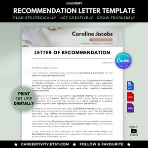 Plantilla de carta de recomendación - Tema de marca / Referencia editable en Canva, Word o Google Docs / Descarga digital