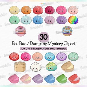 May include: A digital clipart bundle featuring 30 bao buns and dumpling illustrations in various colors, including yellow, orange, red, pink, green, blue, purple, and rainbow. The text reads "Bao Bun / Dumpling Mystery Clipart" and "300 DPI Transparent PNG Bundle."