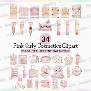 May include: A collection of 34 pink girly cosmetics clipart images. The images include makeup, skincare, and accessories, such as lip gloss, eye shadow, and a suitcase. The text on the image says "Pink Girly Cosmetics Clipart".