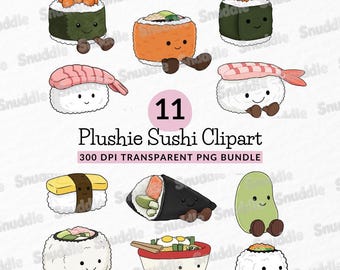 Plushie Sushi Clipart: Kawaii, Food PNGs, Transparent Background, Stickers, Scrapbooking, DIY