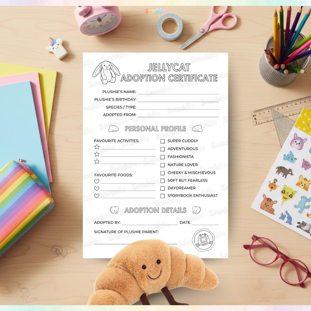 Plushie Colouring Sheet Adoption Certificate: Fillable Kids Keepsake ...