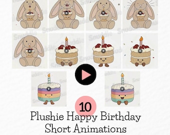10 Plushie Birthday Cake Clipart Short Animations: GIF Stickers, DIY Crafts, MP4, Invitations, Content