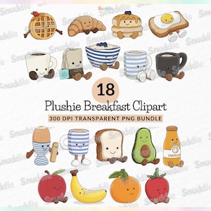 Könnte beinhalten: Eine Sammlung von 18 niedlichen Frühstücks-Clipart-Bildern. Enthält eine Waffel, ein Croissant, Pfannkuchen, Spiegelei auf Toast, Haferflocken, Tassen, Teebeutel, gekochtes Ei, Brot, Avocado, Saft, Apfel, Banane, Orange und Tomate. Der Text lautet "Plushie Breakfast Clipart".