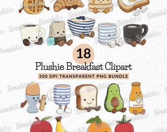 Plushie Breakfast Clipart Set: Kawaii, Transparent Background, Stickers, Scrapbooking, DIY
