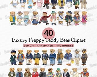 Luxury Preppy Teddy Bear Clipart: Transparent Background, Stickers, Cake Toppers, Scrapbooking, DIY