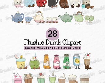 Plushie Drinks Clipart Bundle: Kawaii, Transparent Background, Stickers, Scrapbooking, DIY