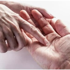 May include: Close-up of two hands interacting. One hand is open, palm up, while another hand's index finger touches the palm. The skin tones are light, with visible veins and wrinkles, suggesting an older age. The image is well-lit, highlighting the textures.