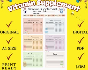 Wekelijkse vitaminesupplementtracker: afdrukbare gezondheidsplanner (A4-pdf- en jpeg-download)