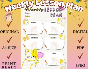 Wekelijks lesplan Kawaii Cat: afdrukbare studentenplanner (pdf- en jpeg-A4-formaat)