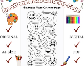 Kleurplaat Emotions Maze: emotionele leeractiviteit voor kinderen (pdf-download, A4-formaat)