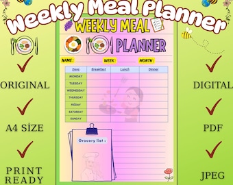 Afdrukbare weekmaaltijdplanner: voedsellogboek, dieettracker (digitale download in pdf- en jpeg-formaat in A4-formaat)