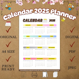 2025 Printable Calendar PDF | Minimal Yearly Wall Planner | digital planner | monthly calendar | yearly calendar