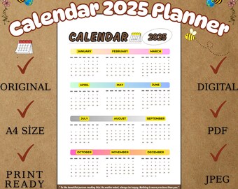 Minimalistische kalender 2025: afdrukbare A4-jaarplanner (pdf-download)