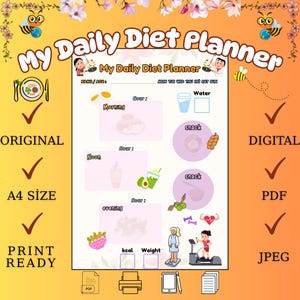 Dagelijkse dieetplanner voor kinderen en volwassenen – afdrukbaar voedingslogboek, calorietracker, waterinnamegrafiek – digitaal dieetdagboek