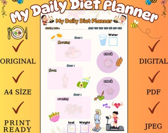 Afdrukbare dagelijkse dieetplanner: voedsellogboek, calorie- en watertracker (pdf, jpeg-A4-formaat)