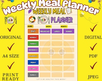 Afdrukbare weekmaaltijdplanner: voedsellogboek, dieettracker (digitale download in pdf- en jpeg-formaat in A4-formaat)