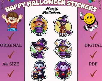 Halloween-stickers voor kinderen | Heks, vampier, feestartikelen (digitale download, A4-formaat, pdf/jpeg