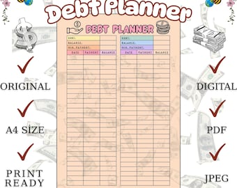 Schuldbetalingsplanner: financiële tracker, budgettool (afdrukbare pdf en jpeg)