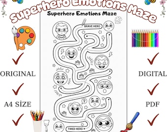 Kleurplaat Superhero Emotions Maze: afdrukbaar werkblad voor kinderen (pdf - jpeg)