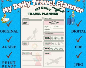 Afdrukbare reisplanner | Budgetoverzicht dagelijkse reis | PDF-organisator reisschema
