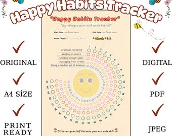 Afdrukbaar Happy Habit Tracker: 31-daagse wellness-uitdaging (pdf en jpeg-a4)
