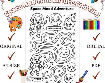 Kleurplaat Ruimteavontuur Doolhof: Emotie-activiteit voor kinderen (digitale download)