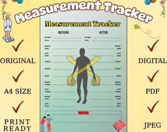 Afdrukbare tracker voor lichaamsmetingen: grafiek fitnessvoortgang (digitale A4-download pdf/jpeg