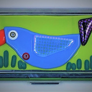 Porta-cartões Blue Bird com tampa de vidro fundido