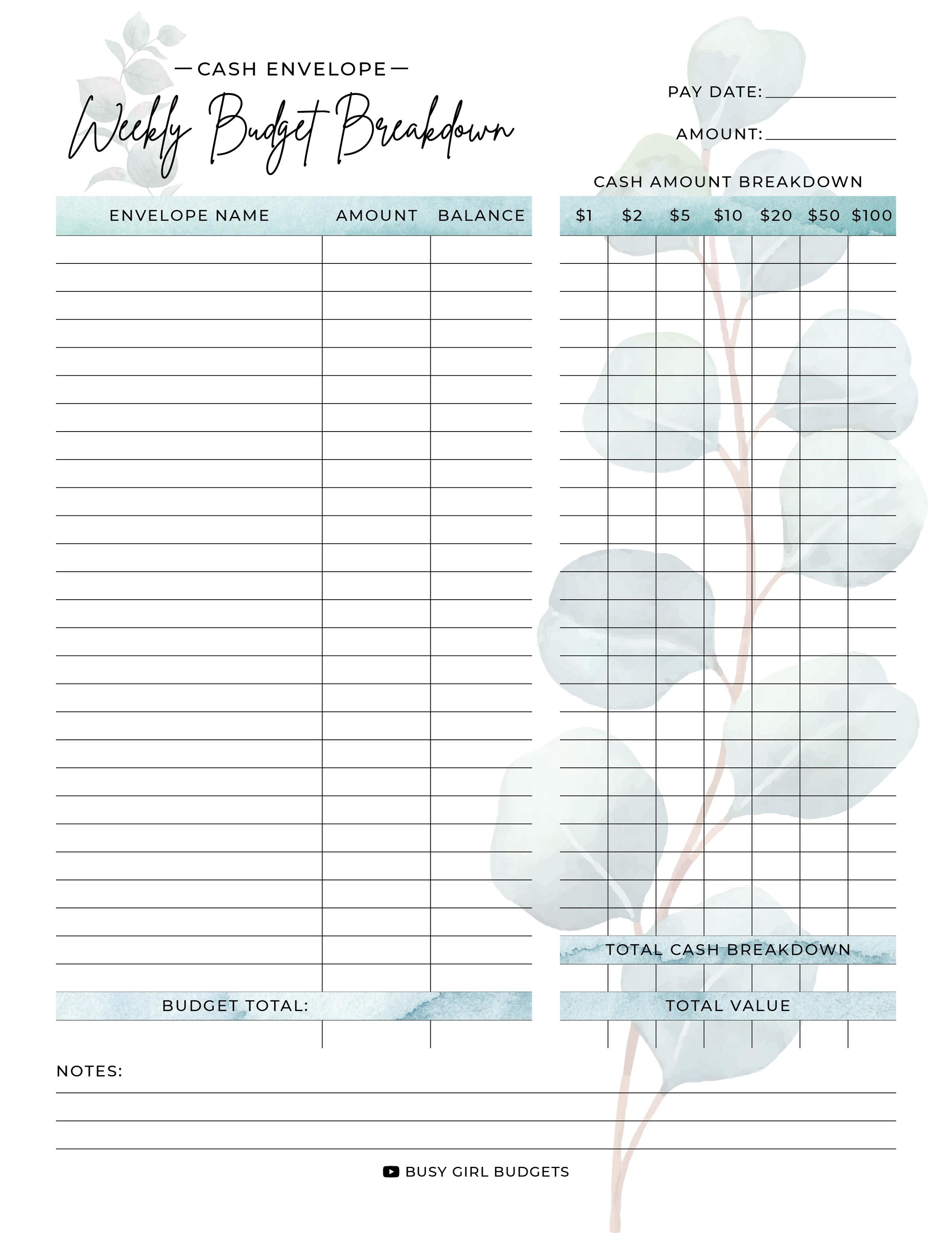 DIGITAL Weekly Budget Breakdown Template With Bill Amounts | Printable ...