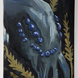 May include: An abstract oil painting on canvas. The artwork features a dark blue, organic form adorned with a string of blue orbs. Golden-yellow foliage accents the dark background. The painting is mounted on a white wall.
