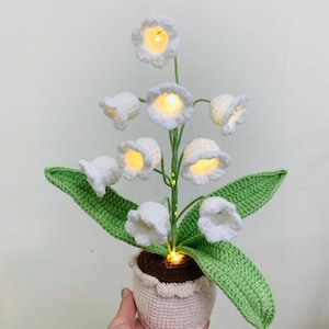 Clearance Crochet Lily Of The Valley With LED Lights - Ready To Ship Handmade Yarn Flower Pot - Unique Home Decor Gift