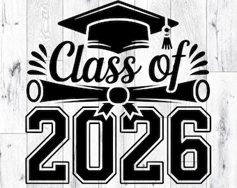 May include: Black and white graduation design featuring a mortarboard, diploma, and the text "Class of 2026." The design is set against a light wood grain background, suitable for graduation-themed products.