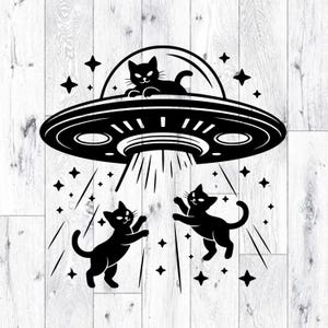 Black Cat UFO Abduction SVG PNG Alien T-Shirt Design Laser Engrave Clipart Vector